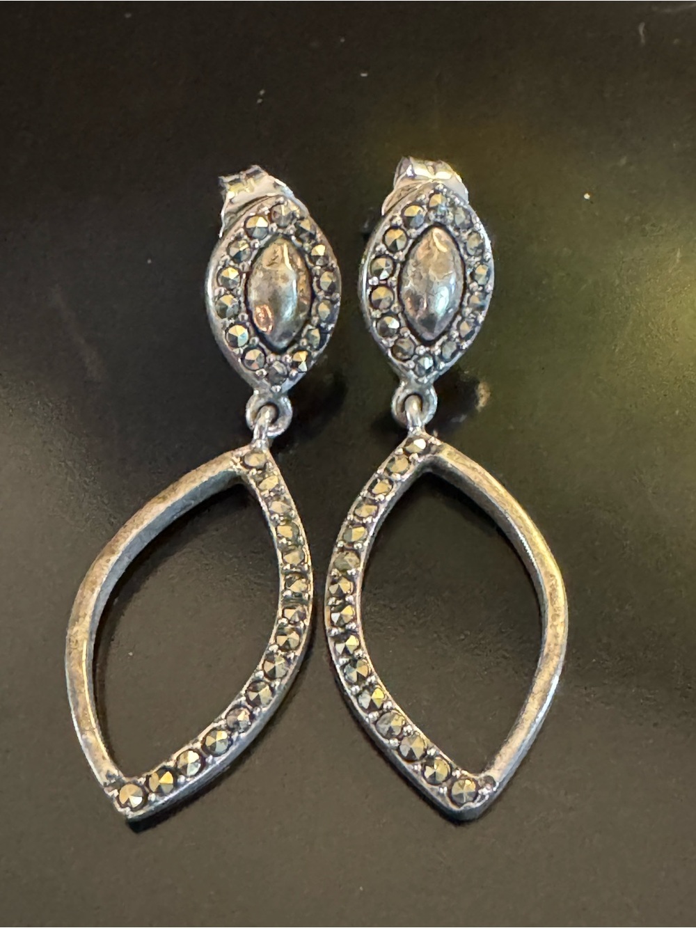 Sterling Silver Marcasite Open Navette Drop Earrings - 925